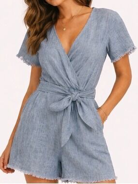 Sanctuary x Anthropologie Montana Blue Linen Front Wrap Tie Waist Romper Sz XS